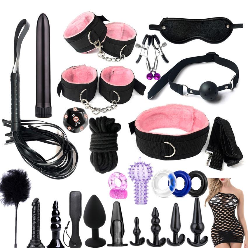 26 Pcs Kits Adults Sex Toys For Women Men Handcuffs Nipple Clamps Whip Sex Metal Anal Plug Vibrator Butt Bdsm Bondage Set%