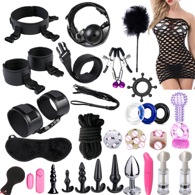 30 Pcs Bdsm Kits Adults Sex Toys For Women Men Handcuffs Cock Ring Pump Whip Sex Metal Anal Plug Vibrator Butt Bondage Set%