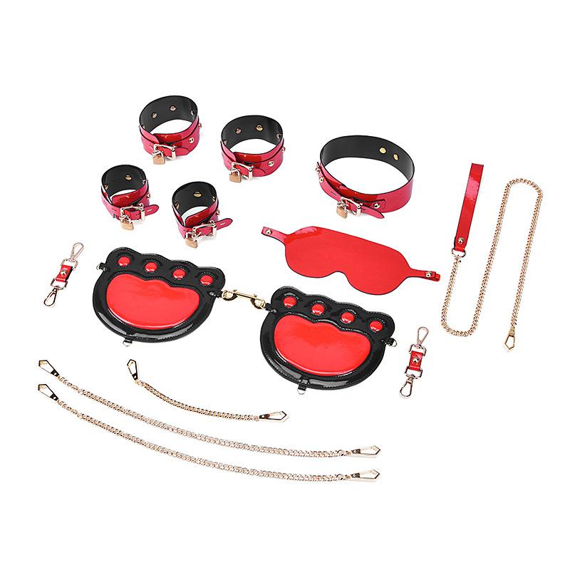 5pcs/set Pu Leather Erotic Sm Restraints Handcuff Ankle Cuffs Collar Sex Toys For Woman Flirt Bondage Kit Kneeling Punishment%