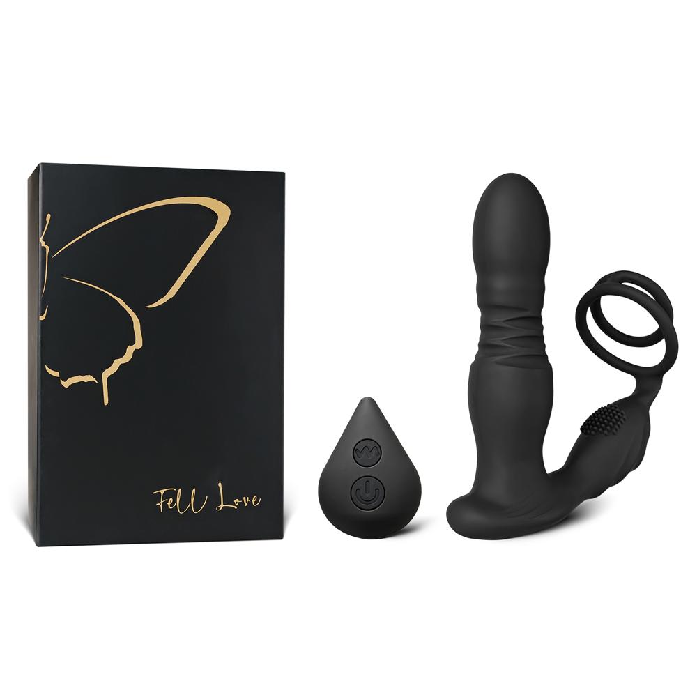 10 Modes Remote Control Black Color Thrusting Vibrating Prostate Massager  with Dual Cock Rings