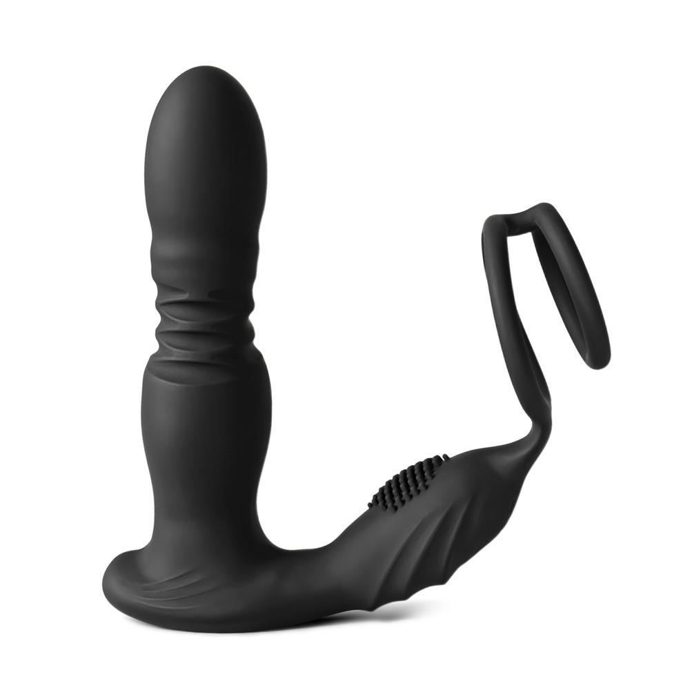 10 Modes Remote Control Black Color Thrusting Vibrating Prostate Massager  with Dual Cock Rings