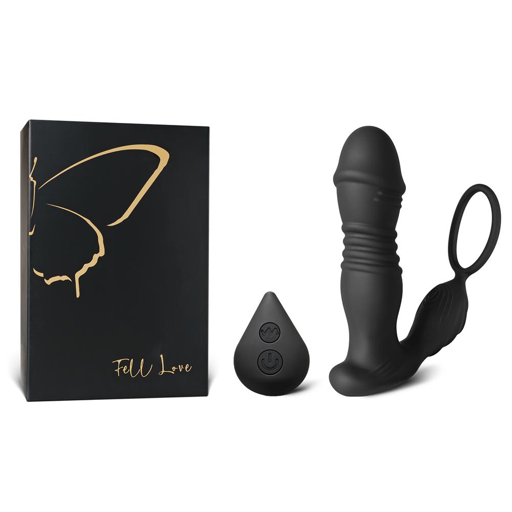 10 Modes Remote Control Black Color Thrusting Vibrating Prostate Massager  with Single Cock Ring