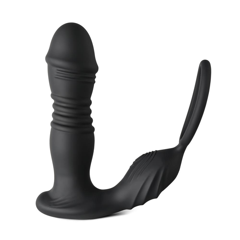 10 Modes Remote Control Black Color Thrusting Vibrating Prostate Massager  with Single Cock Ring