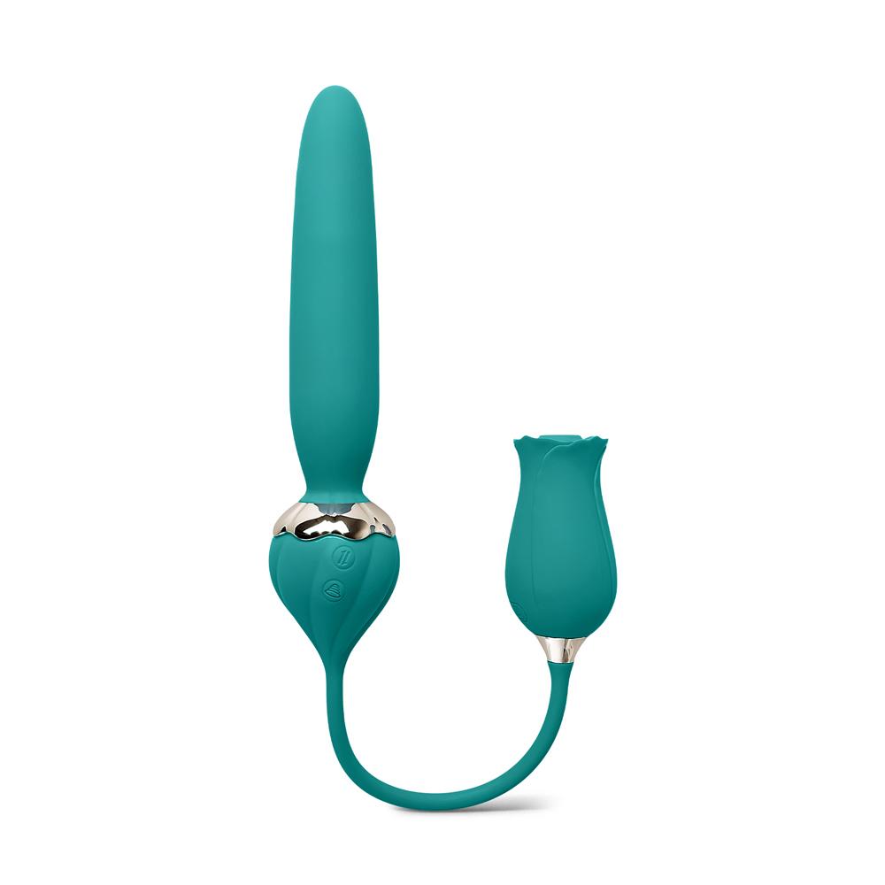 10-Speed Green Color Silicone Rose Vibrator with Thrusting Vibrator