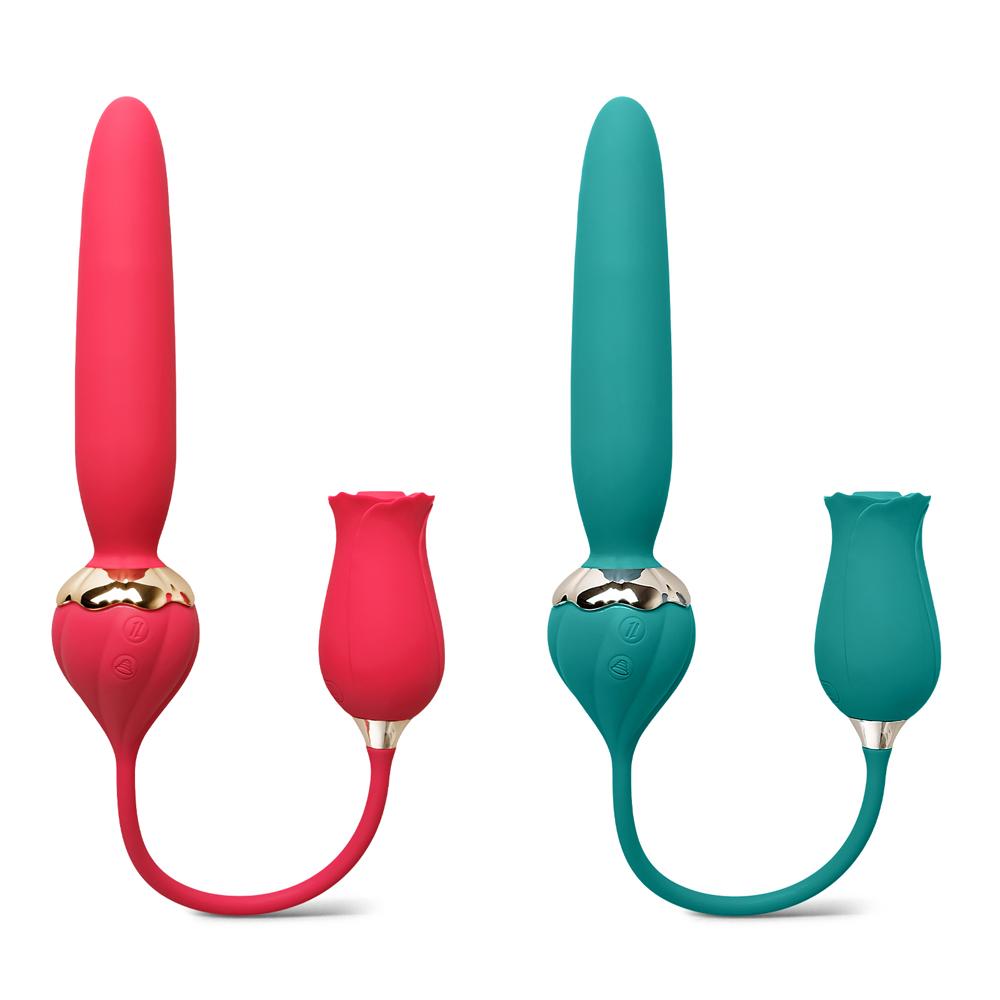 10-Speed Green Color Silicone Rose Vibrator with Thrusting Vibrator