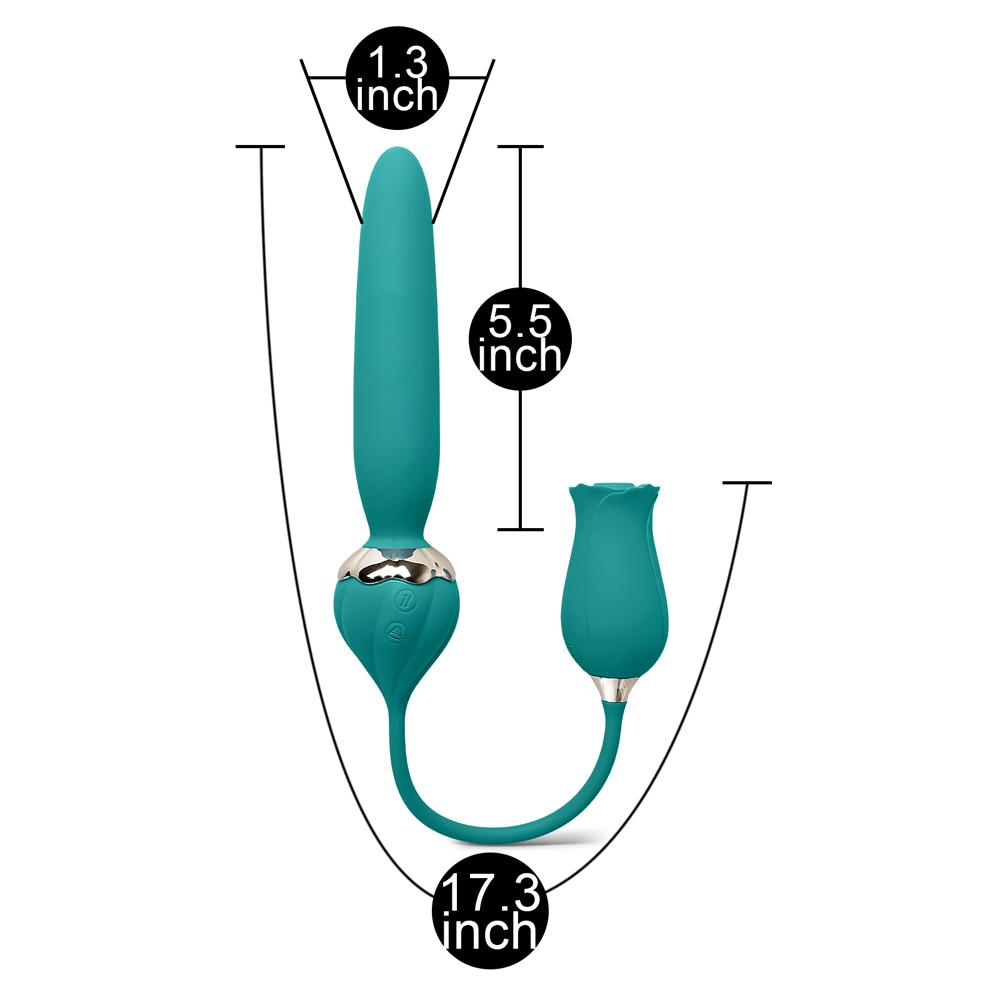 10-Speed Green Color Silicone Rose Vibrator with Thrusting Vibrator