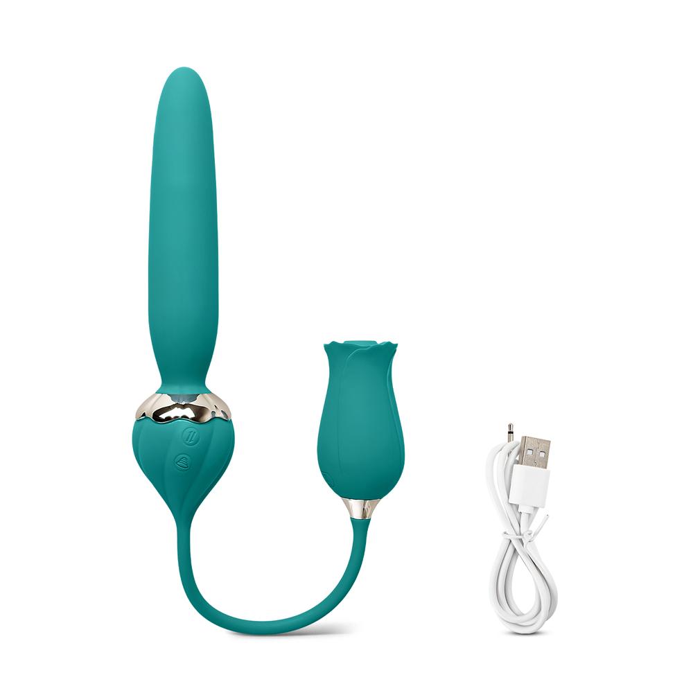 10-Speed Green Color Silicone Rose Vibrator with Thrusting Vibrator