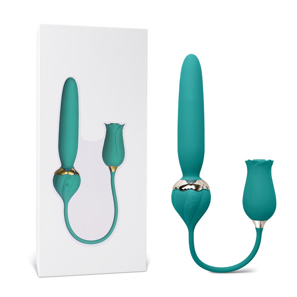 10-Speed Green Color Silicone Rose Vibrator with Thrusting Vibrator