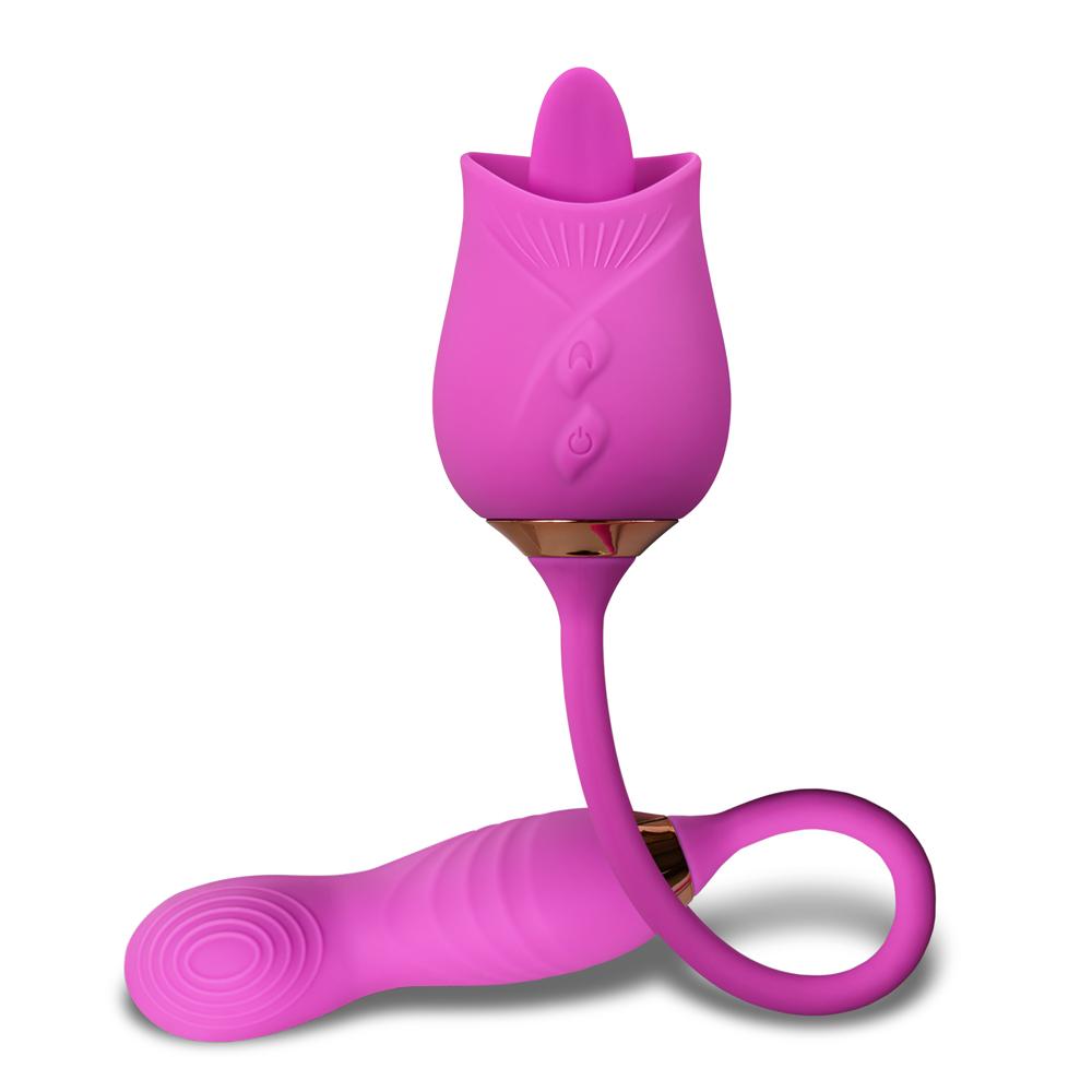 10-Speed Purple Color Silicone Clitoral Rose with Tongue Licking and Wiggling Vibrator