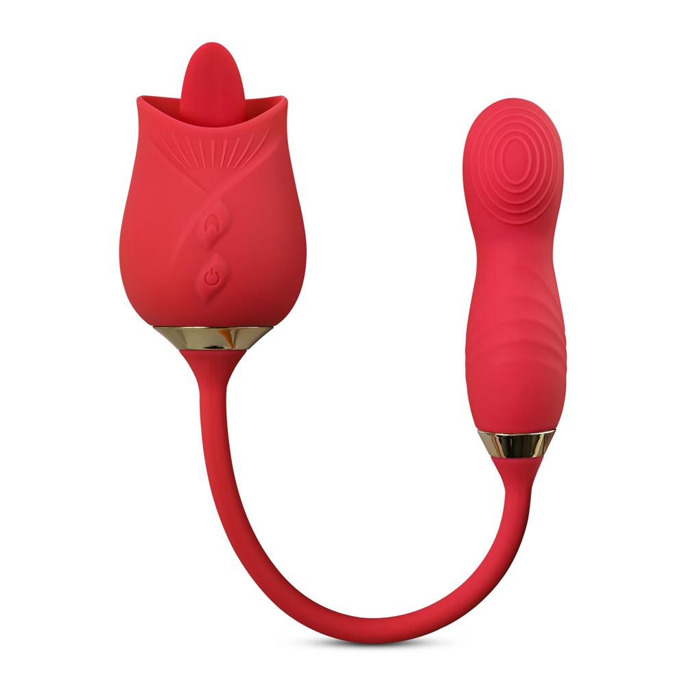 10-Speed Red Color Silicone Clitoral Rose with Tongue Licking and Wiggling Vibrator