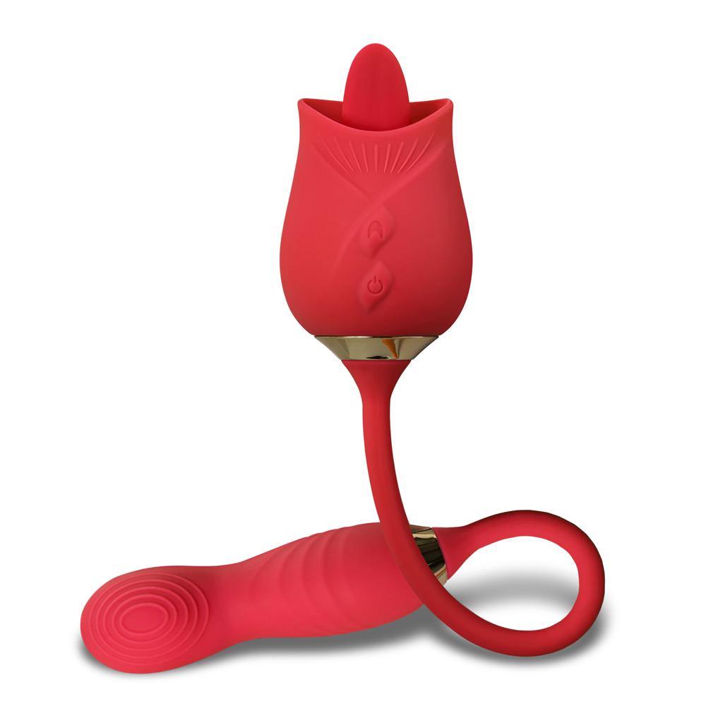 10-Speed Red Color Silicone Clitoral Rose with Tongue Licking and Wiggling Vibrator