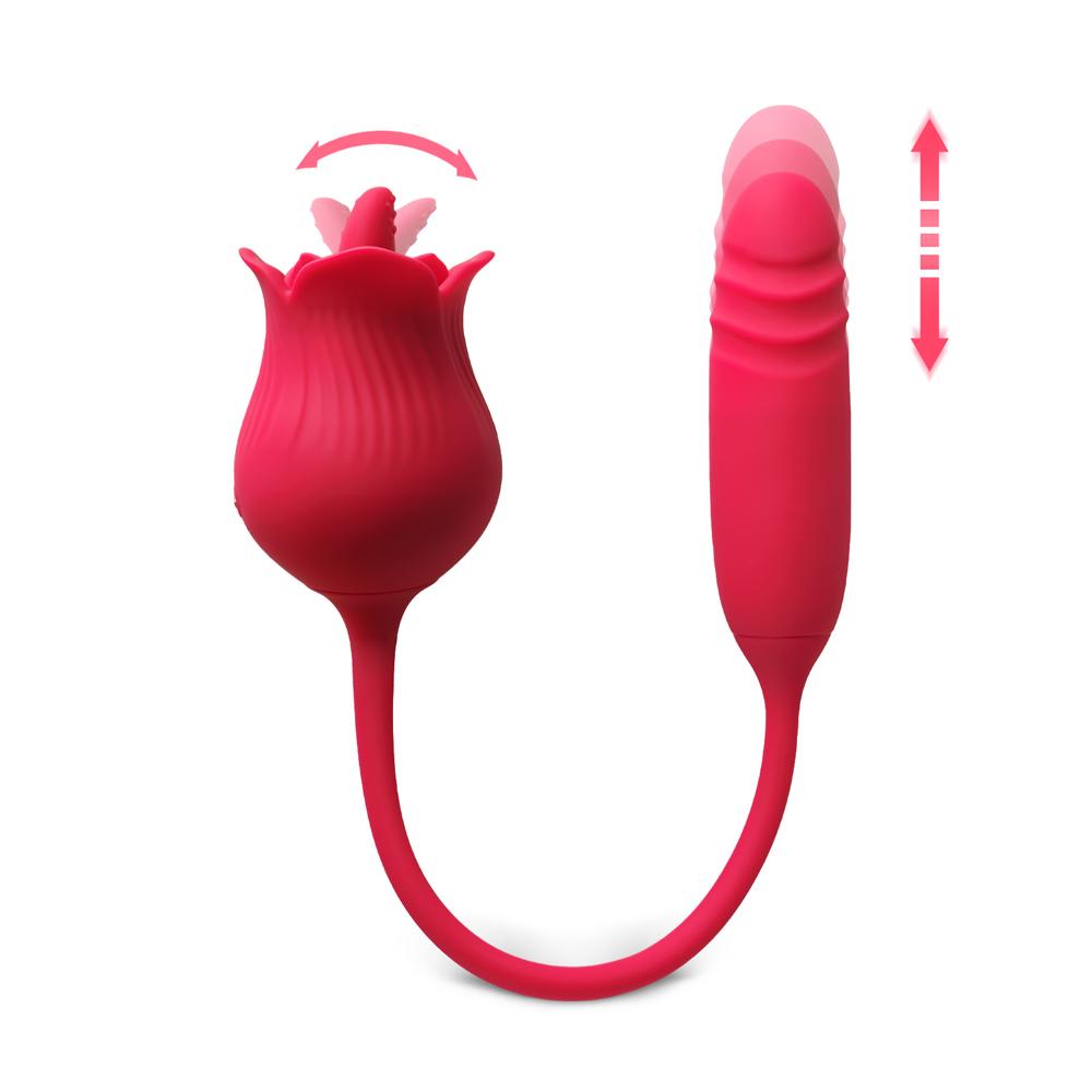 10-Speed Red Color Silicone Rose Sex Toy with Tongue and Thrusting Vibrator