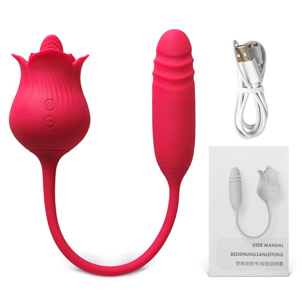 10-Speed Red Color Silicone Rose Sex Toy with Tongue and Thrusting Vibrator