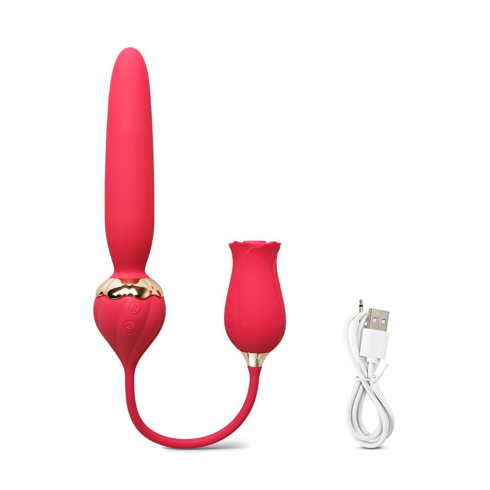 10-Speed Red Color Silicone Rose Vibrator with Thrusting Vibrator