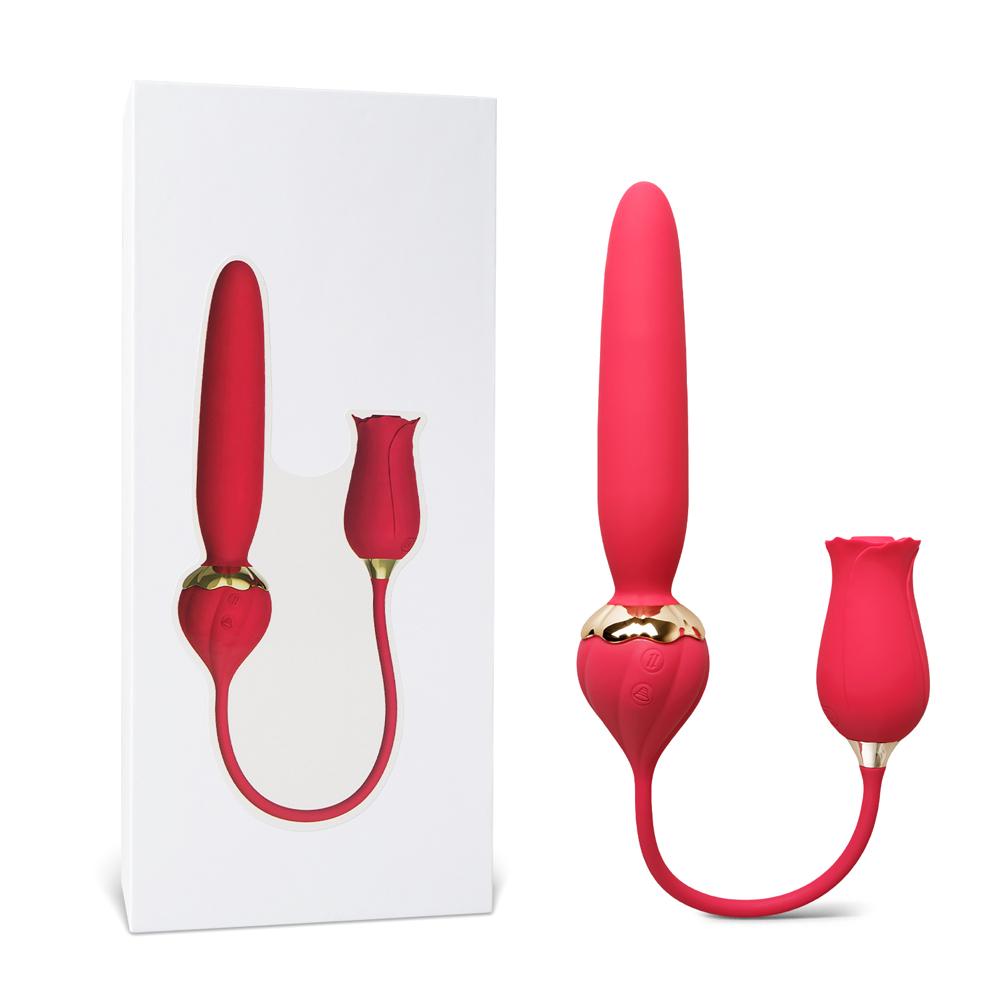 10-Speed Red Color Silicone Rose Vibrator with Thrusting Vibrator