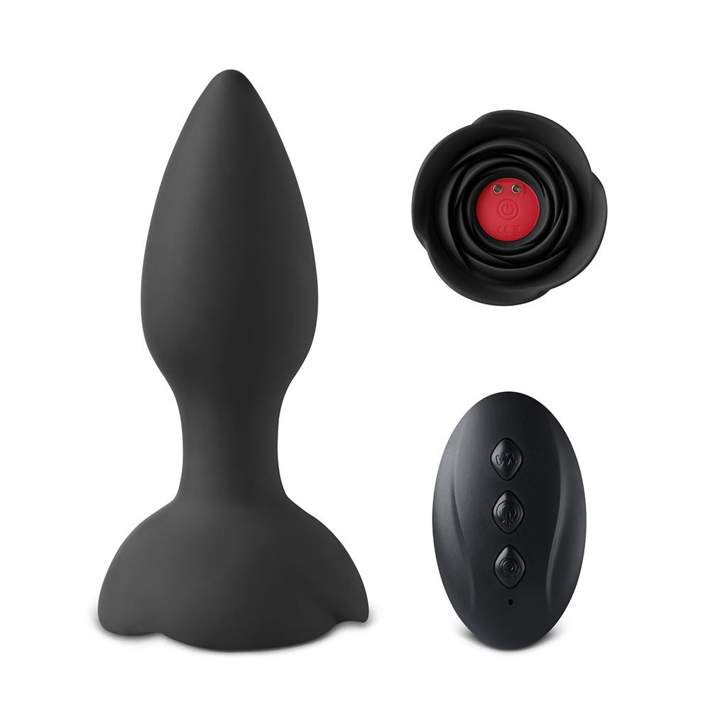 10-Speed Remote Control Black Silicone Vibrating Anal Plug with Rose Base