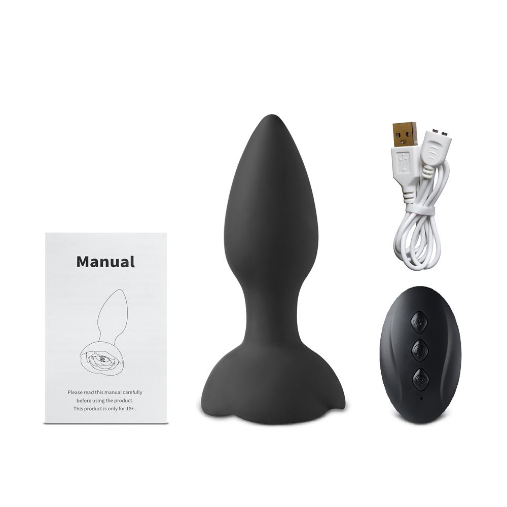 10-Speed Remote Control Black Silicone Vibrating Anal Plug with Rose Base