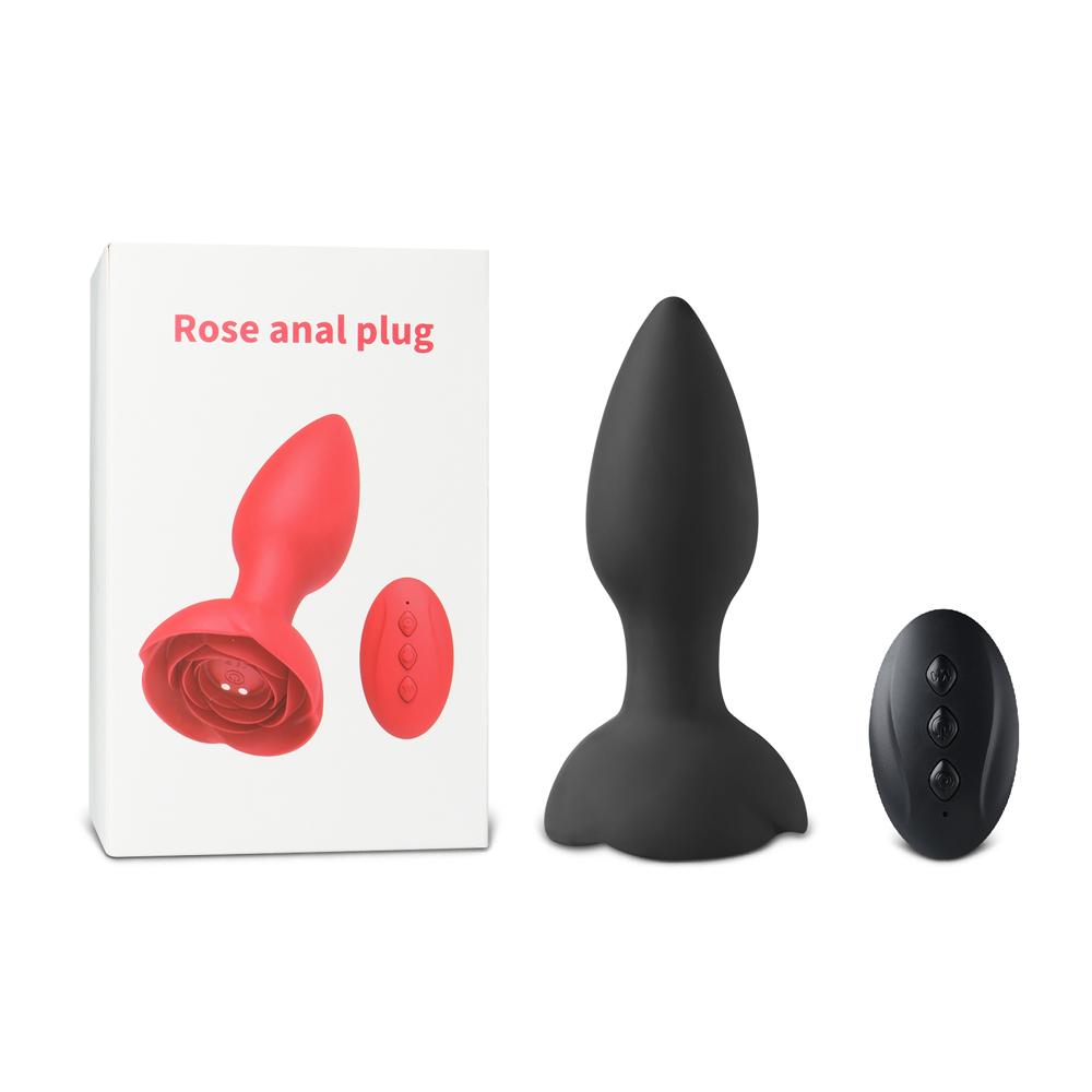 10-Speed Remote Control Black Silicone Vibrating Anal Plug with Rose Base