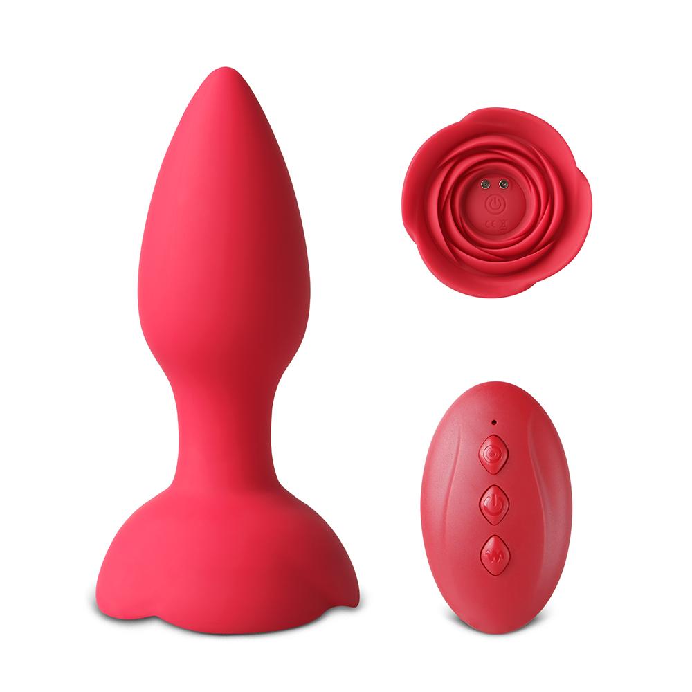 10-Speed Remote Control Red Silicone Vibrating Anal Plug with Rose Base