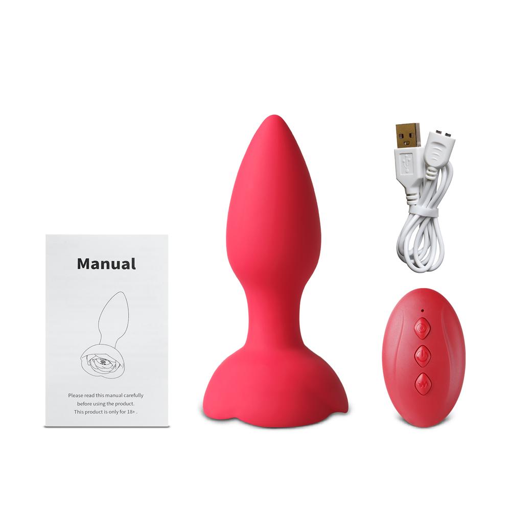 10-Speed Remote Control Red Silicone Vibrating Anal Plug with Rose Base