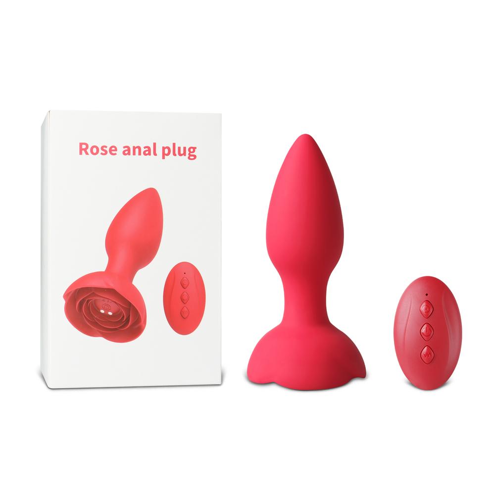 10-Speed Remote Control Red Silicone Vibrating Anal Plug with Rose Base