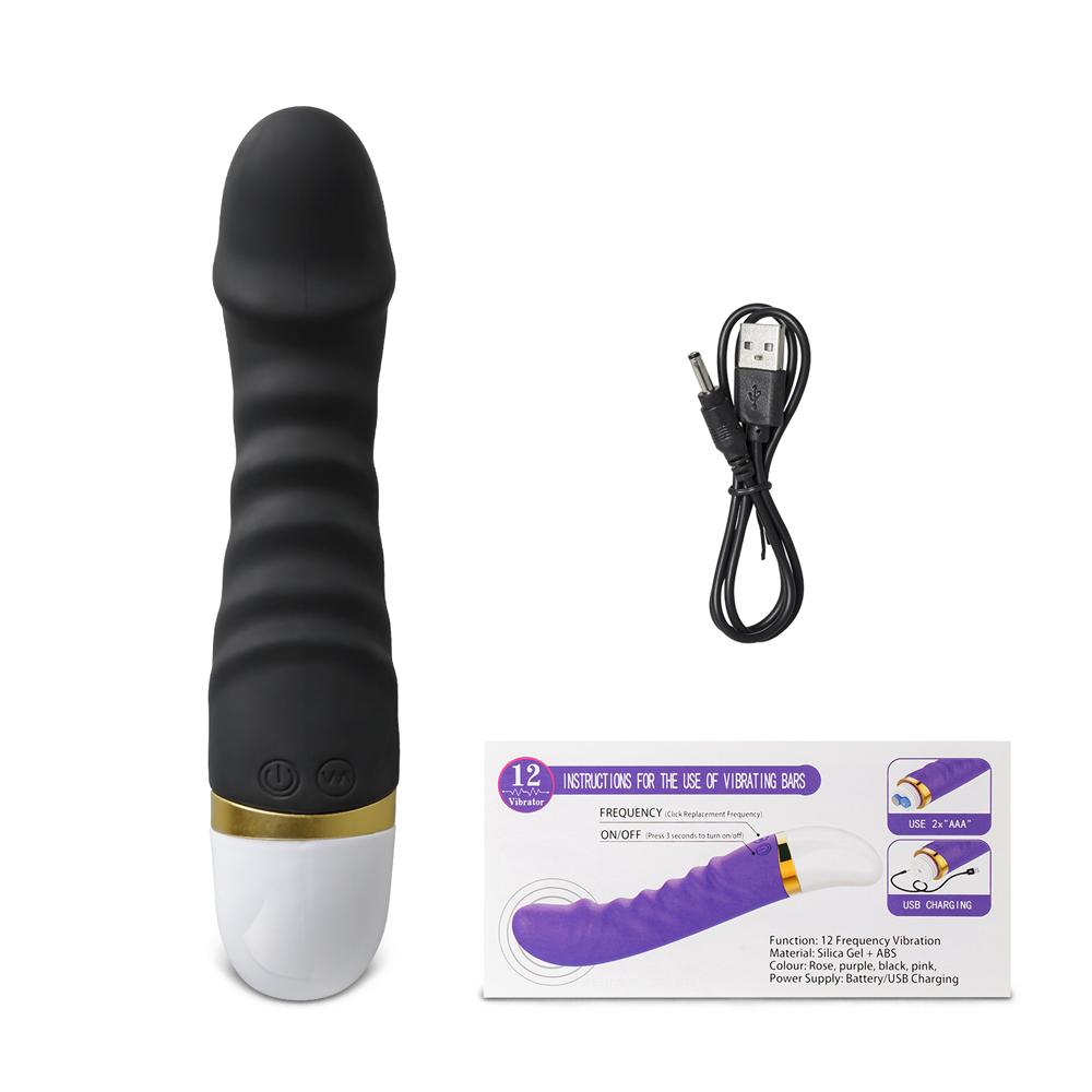 12-Speed Black Color Rechargeable Silicone Dildo Vibrator