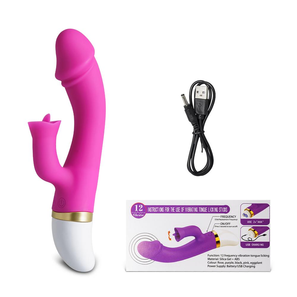 12-Speed Magenta Color Rechargeable Silicone Penis Vibrator with Tongue