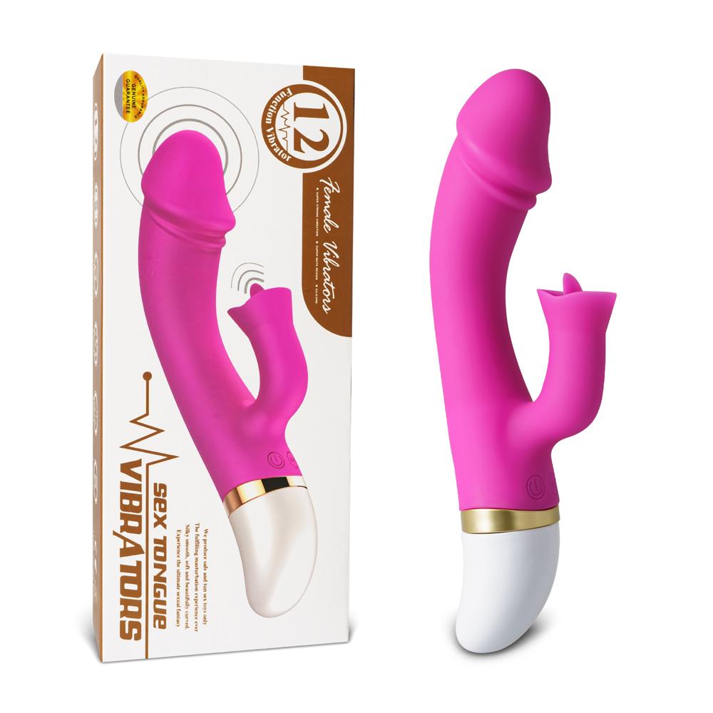 12-Speed Magenta Color Rechargeable Silicone Penis Vibrator with Tongue