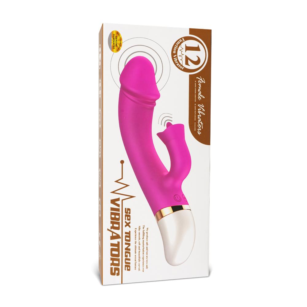 12-Speed Magenta Color Rechargeable Silicone Penis Vibrator with Tongue