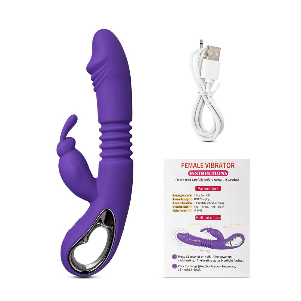 12-Speed Purple Color Silicone Thrusting Rabbit Vibrator with Heating Function