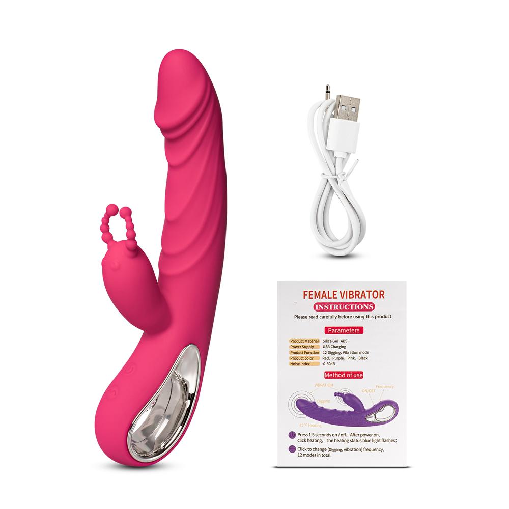 12-Speed Red Color Silicone Rabbit Vibrator with Wiggling Function