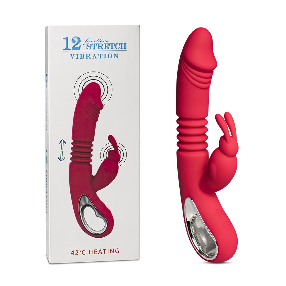 12-Speed Red Color Silicone Thrusting Rabbit Vibrator with Heating Function