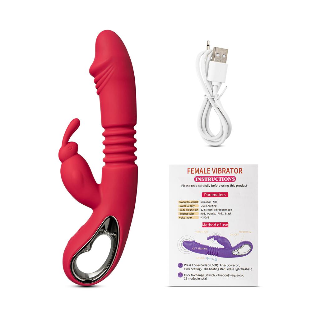 12-Speed Red Color Silicone Thrusting Rabbit Vibrator with Heating Function