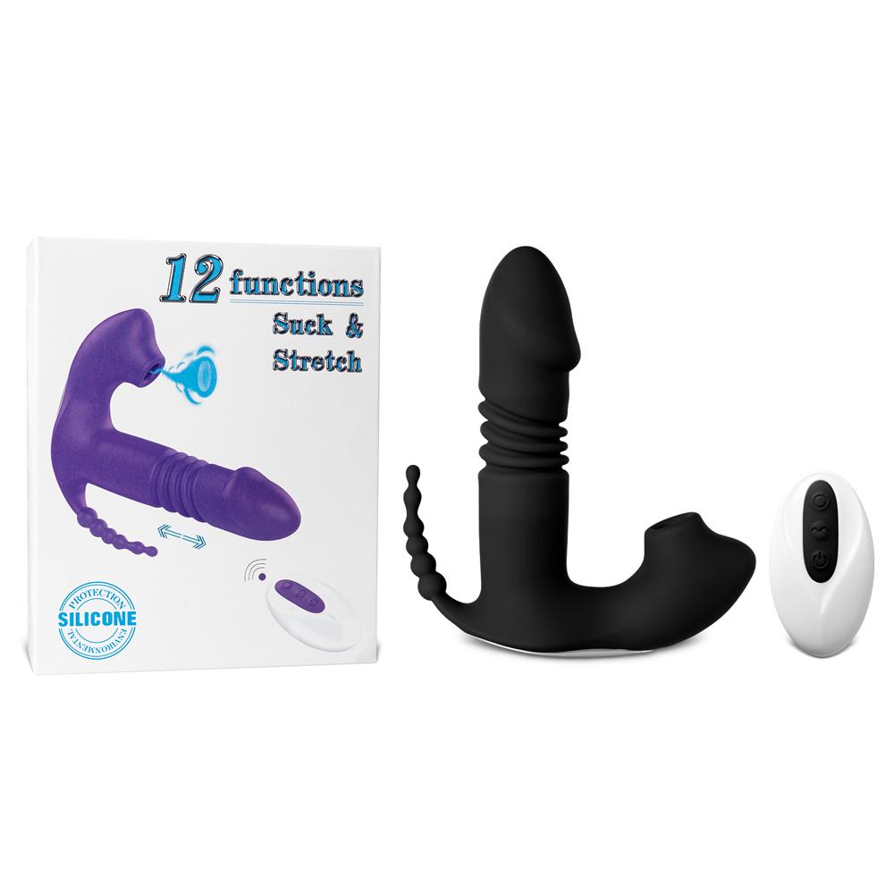 12-Speed Remote Control Black Silicone Thrusting Vibrator with Sucking Function