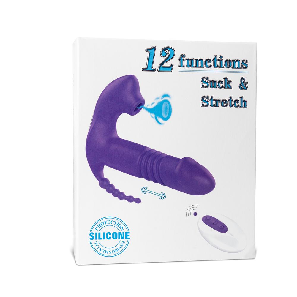 12-Speed Remote Control Black Silicone Thrusting Vibrator with Sucking Function