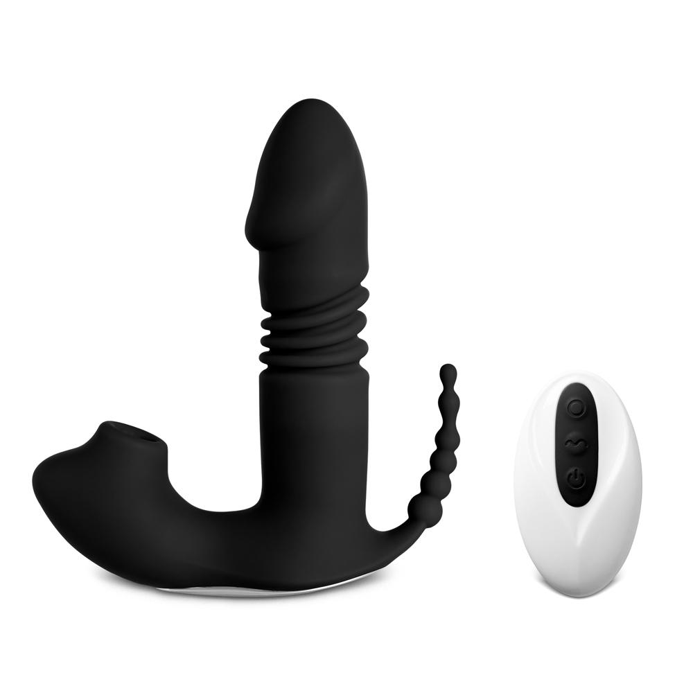 12-Speed Remote Control Black Silicone Thrusting Vibrator with Sucking Function