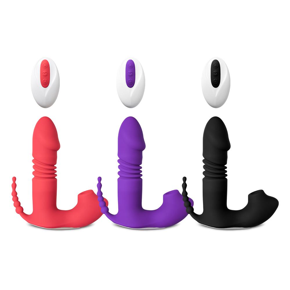 12-Speed Remote Control Black Silicone Thrusting Vibrator with Sucking Function