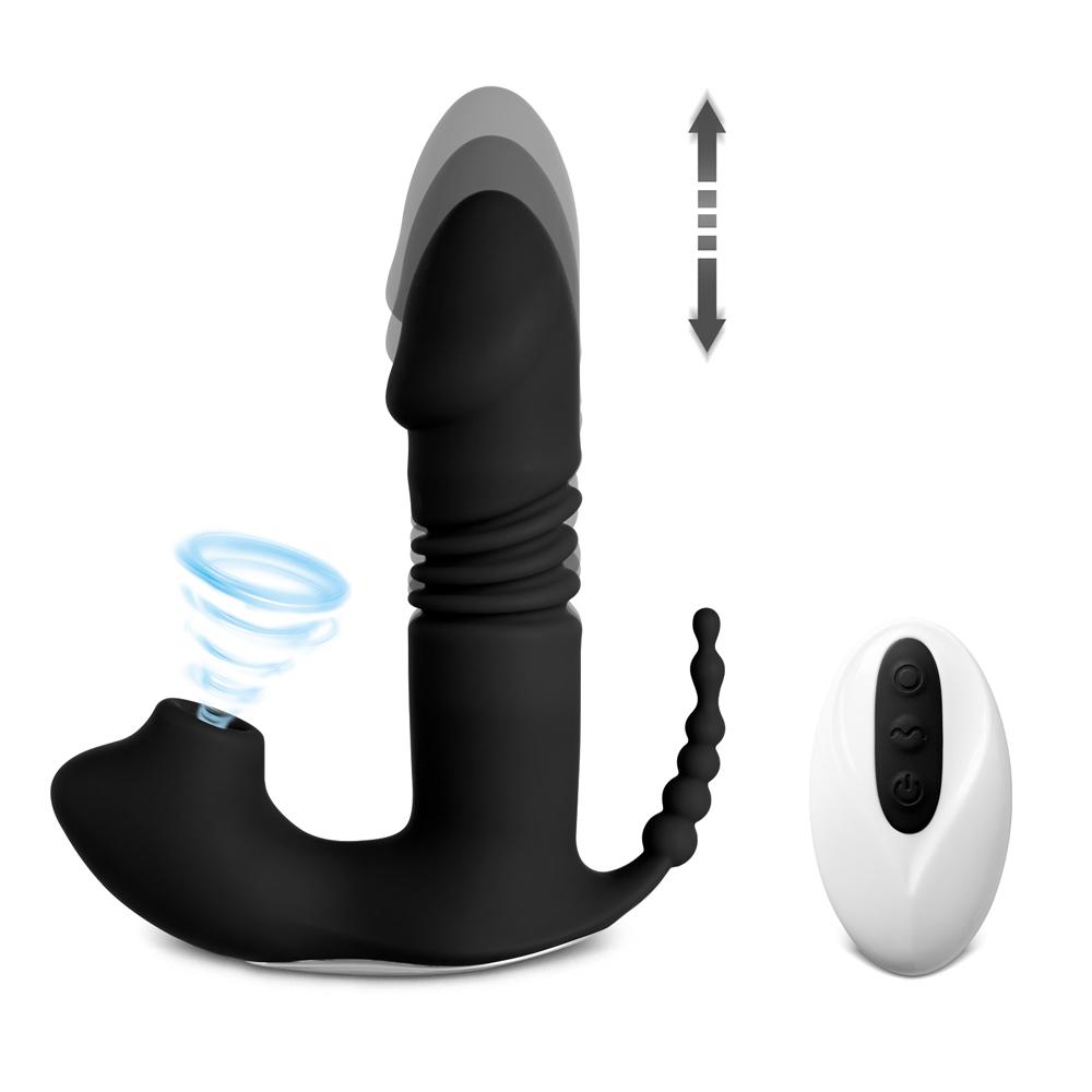 12-Speed Remote Control Black Silicone Thrusting Vibrator with Sucking Function