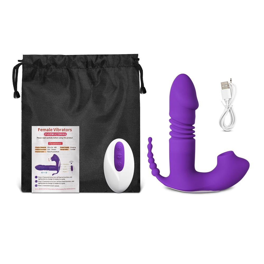 12-Speed Remote Control Purple Silicone Thrusting Vibrator with Sucking Function