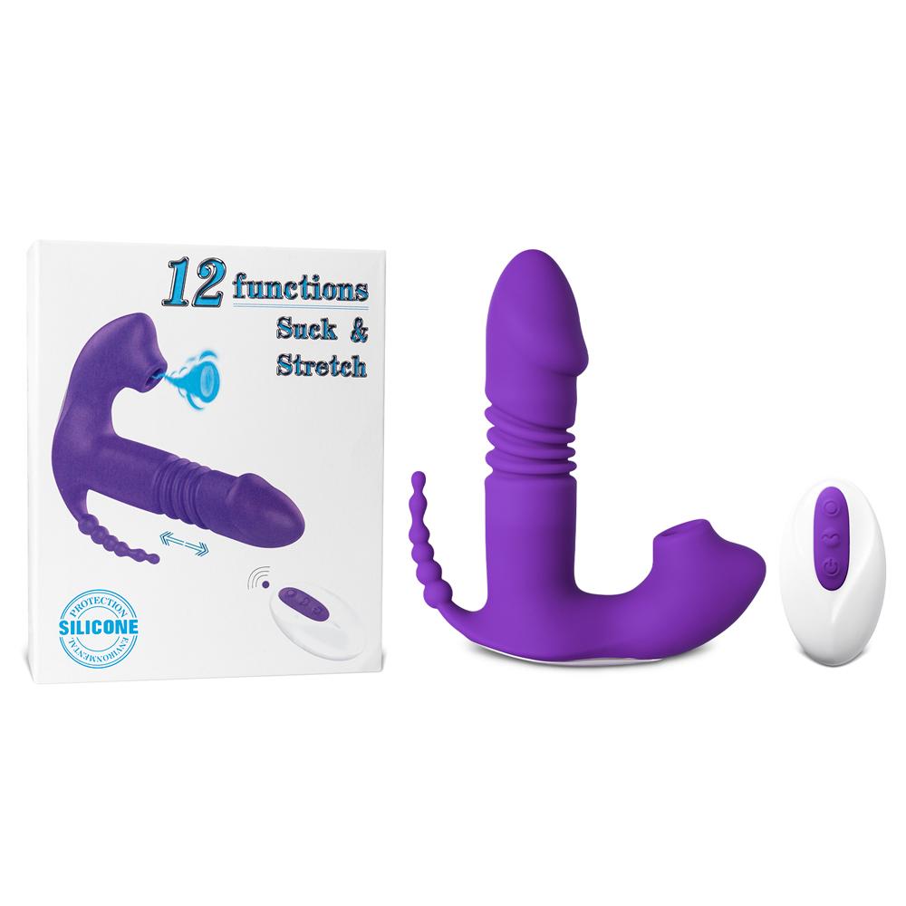 12-Speed Remote Control Purple Silicone Thrusting Vibrator with Sucking Function