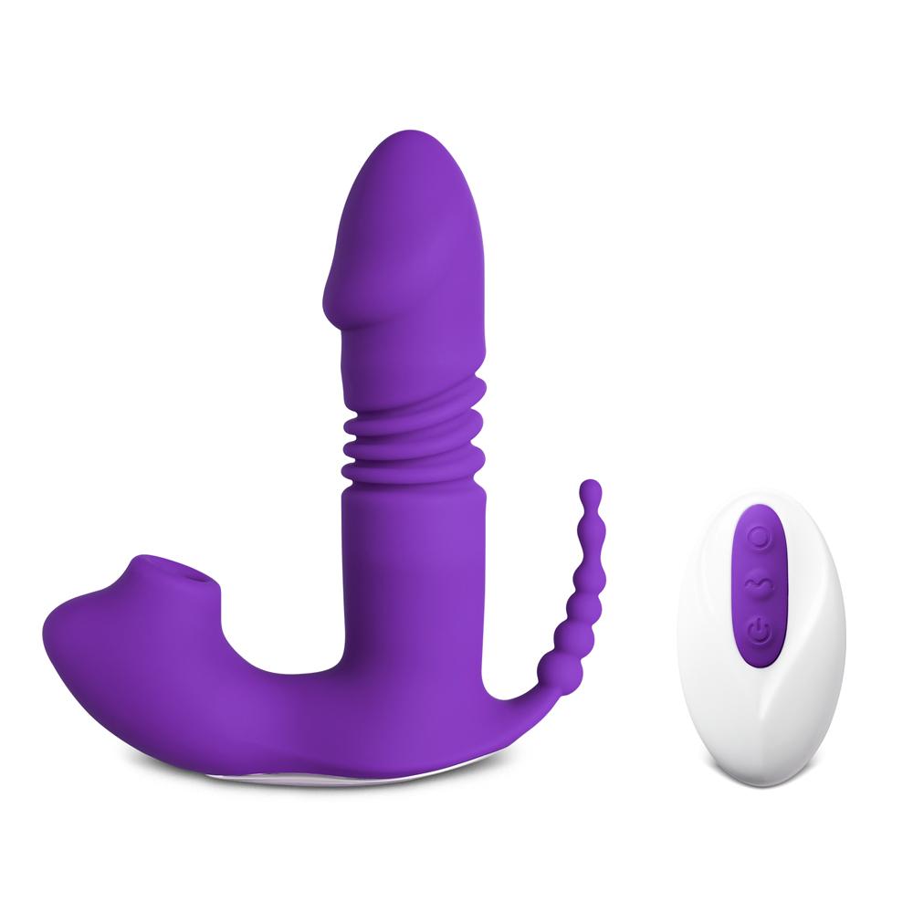 12-Speed Remote Control Purple Silicone Thrusting Vibrator with Sucking Function