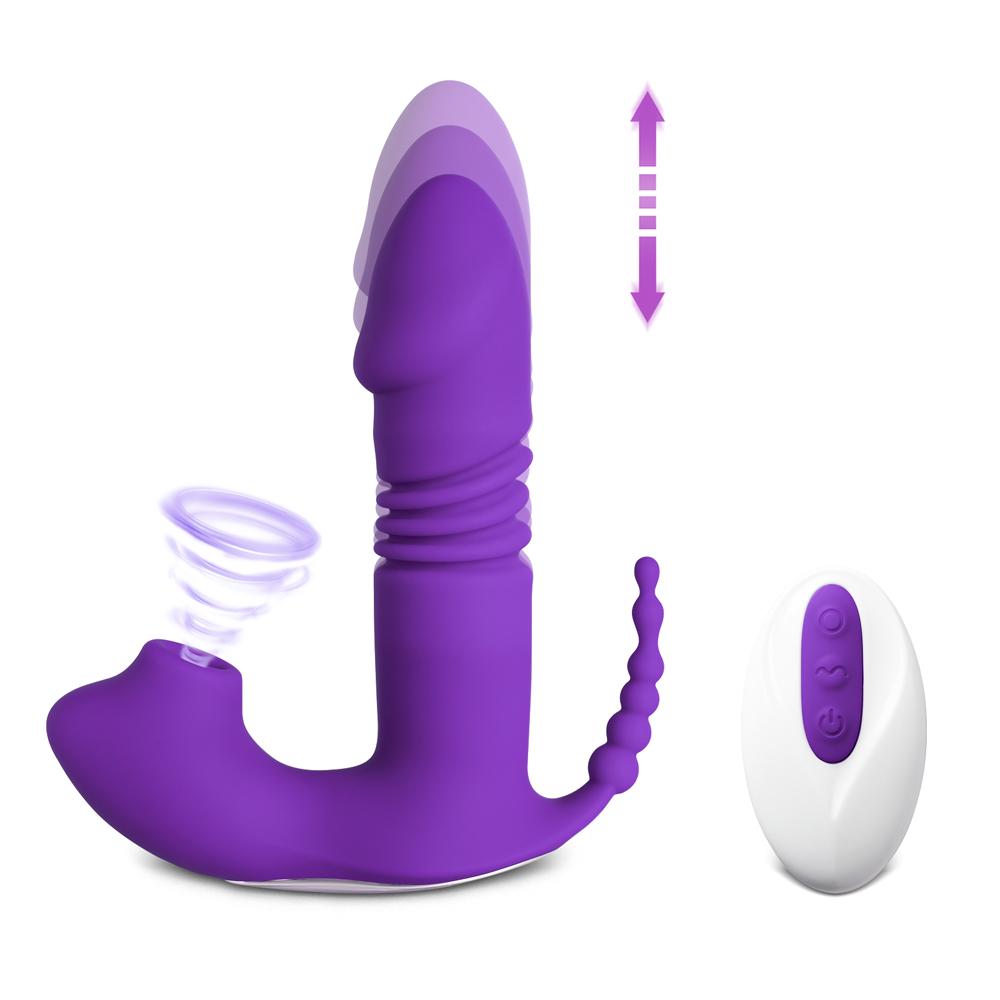 12-Speed Remote Control Purple Silicone Thrusting Vibrator with Sucking Function