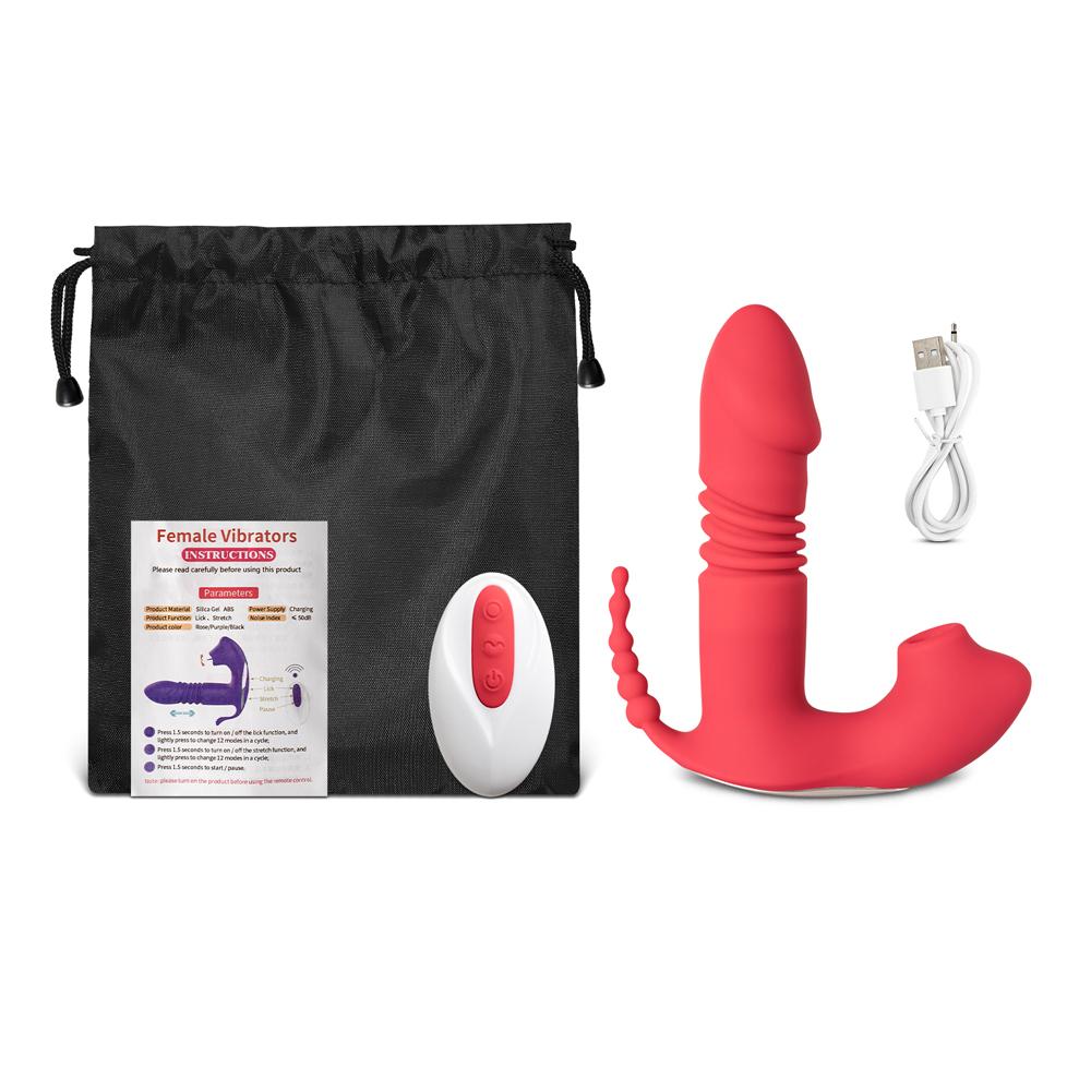 12-Speed Remote Control Red Silicone Thrusting Vibrator with Sucking Function