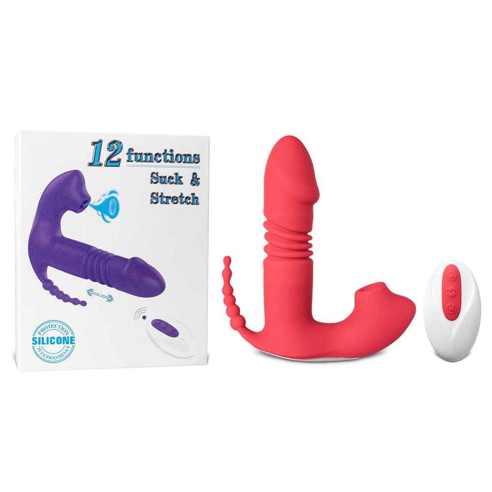 12-Speed Remote Control Red Silicone Thrusting Vibrator with Sucking Function