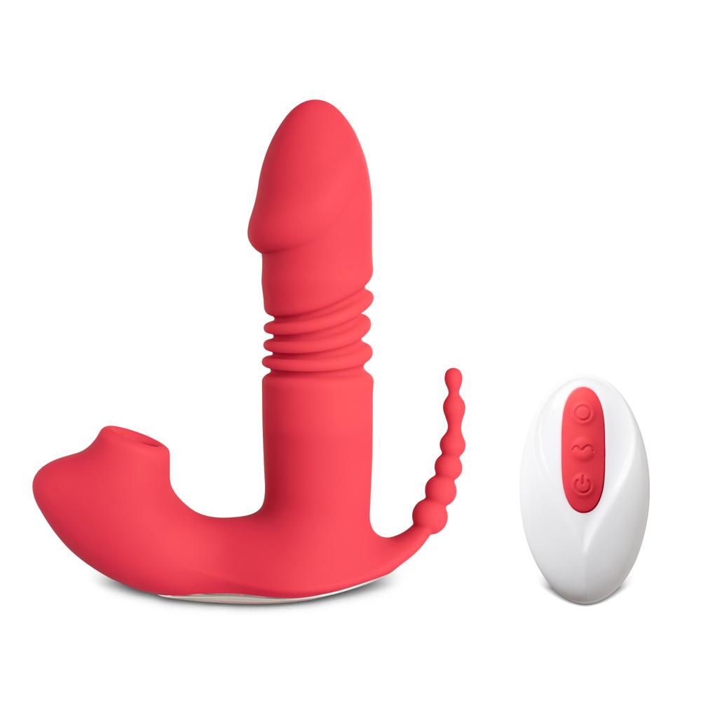 12-Speed Remote Control Red Silicone Thrusting Vibrator with Sucking Function