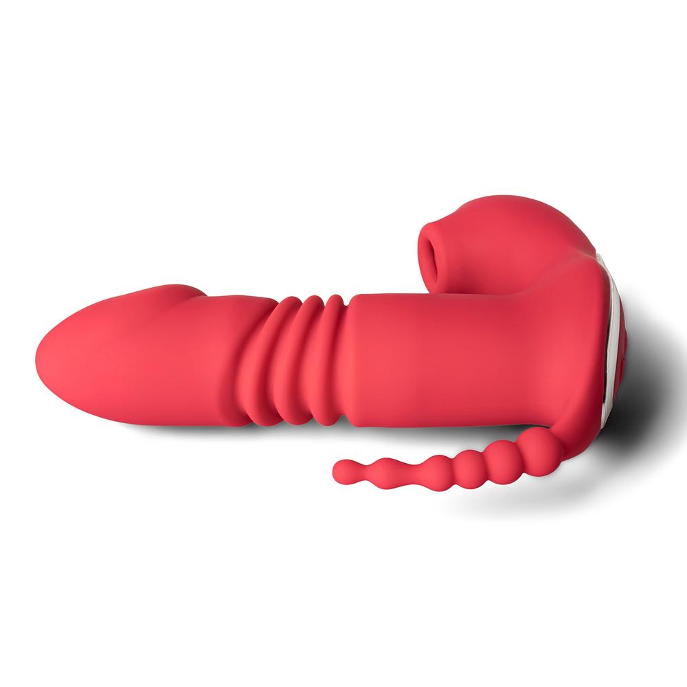 12-Speed Remote Control Red Silicone Thrusting Vibrator with Sucking Function