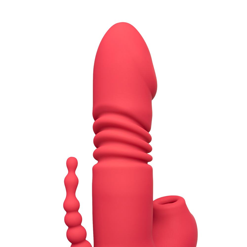 12-Speed Remote Control Red Silicone Thrusting Vibrator with Sucking Function