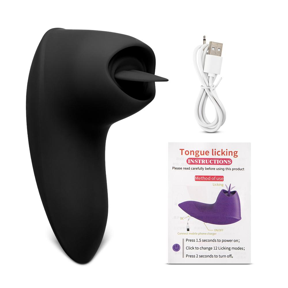 12 Speeds Black Color Silicone Rechargeable Vibrator with Tongue