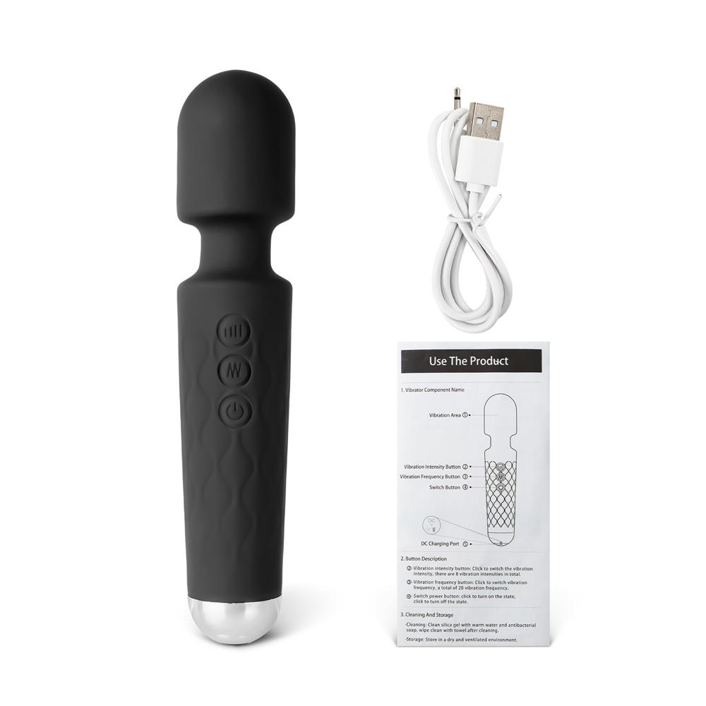 20-Speed Black Silicone Rechargeable Magic Wand Massager