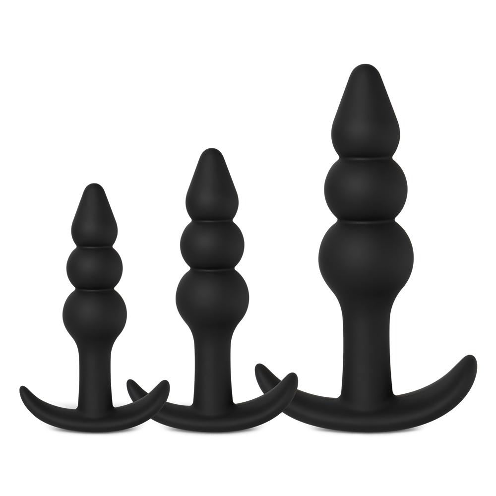 3 PCS Black Color Silicone Beaded Butt Plug Set